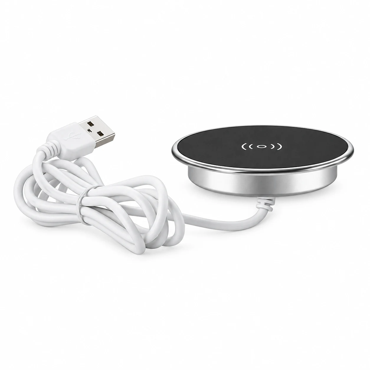 Round 15W embedded wireless charging insert with a black charging face, silver rim and USB power cable