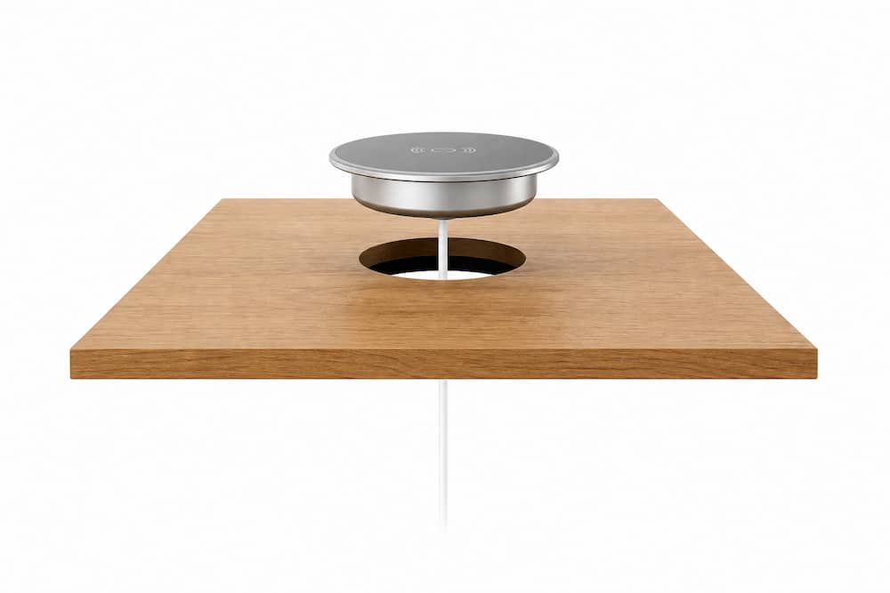 Built-in wireless charger fitting into a circular cutout in a wooden tabletop, with its power cable below